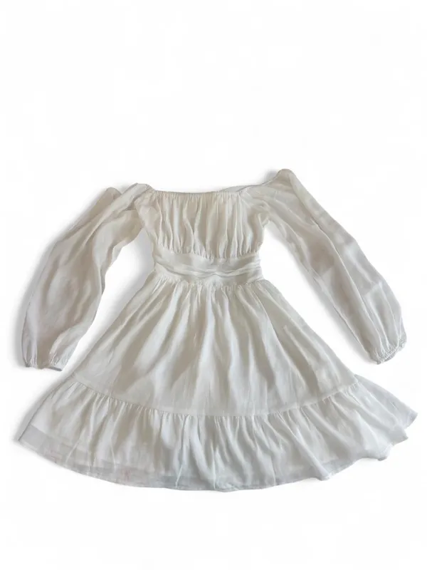 FOROLAV White Chiffon Puff Sleeve Tie-Back Mini Dress - Image 8