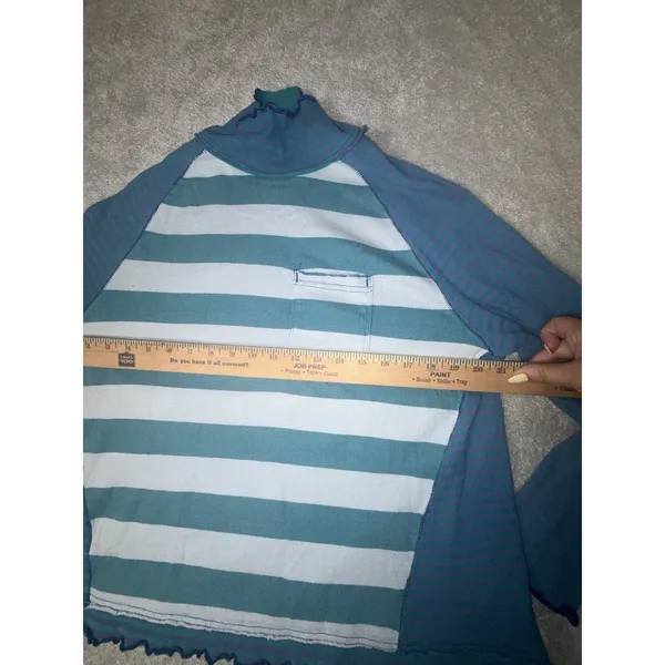 Free People We The Free XS Striped Turtleneck Top Teal Blue Raw Seam Pocket - Image 7