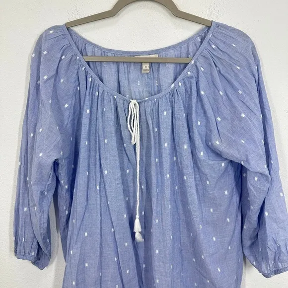 J. Crew Blue Peasant Top Polka Dot Gauzy Tie Neck Tassel‎ 3/4 Puff Sleeve Size M - Image 3