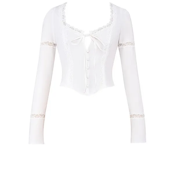 Mistress Rocks Lace Trim Tie Front Top Womens Medium White Bell Sleeve Corset - Image 14