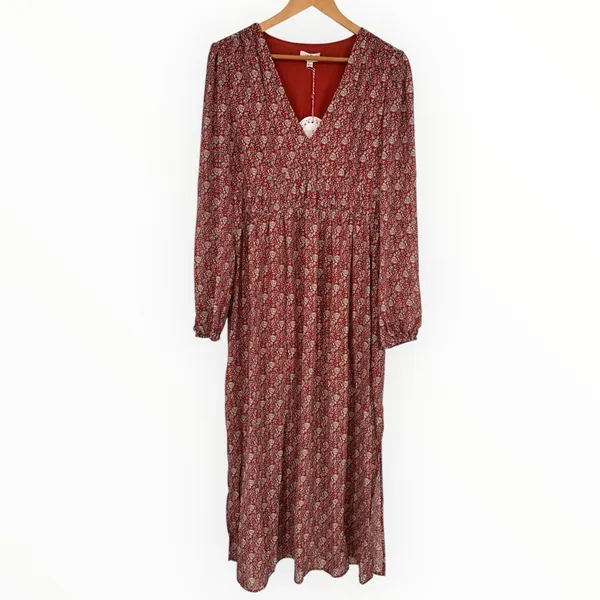 Umgee Burgundy Ditsy Floral Print Maxi Dress with Slits size Large Long Sleeves - Image 2