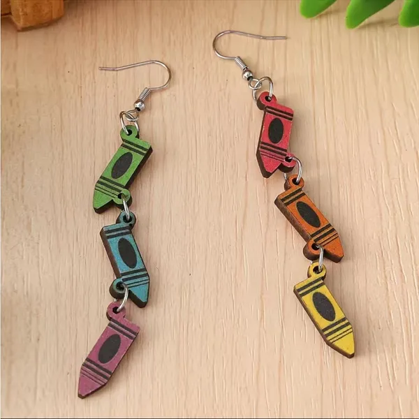 Boho Mismatched Asymmetrical Whimsical Novelty Style‎ Crayon Teacher Earrings - Image 7