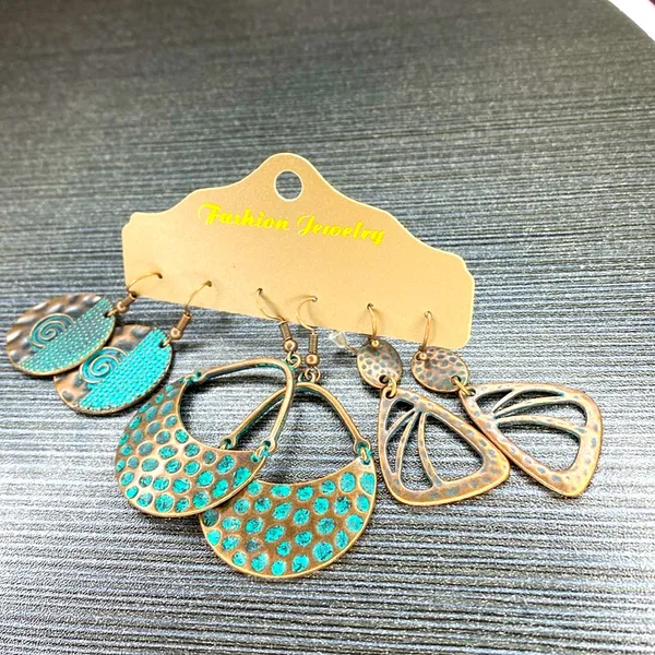 3 Pair Antique Rustic Look Folk Charm Earrings Ancient Copper Matchy Blue Accent - Image 3