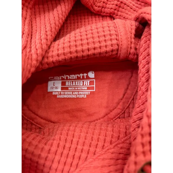 Carhartt Womens Large Relaxed Fit Waffle Knit Hoodie Orange Pullover Thermal - Image 3