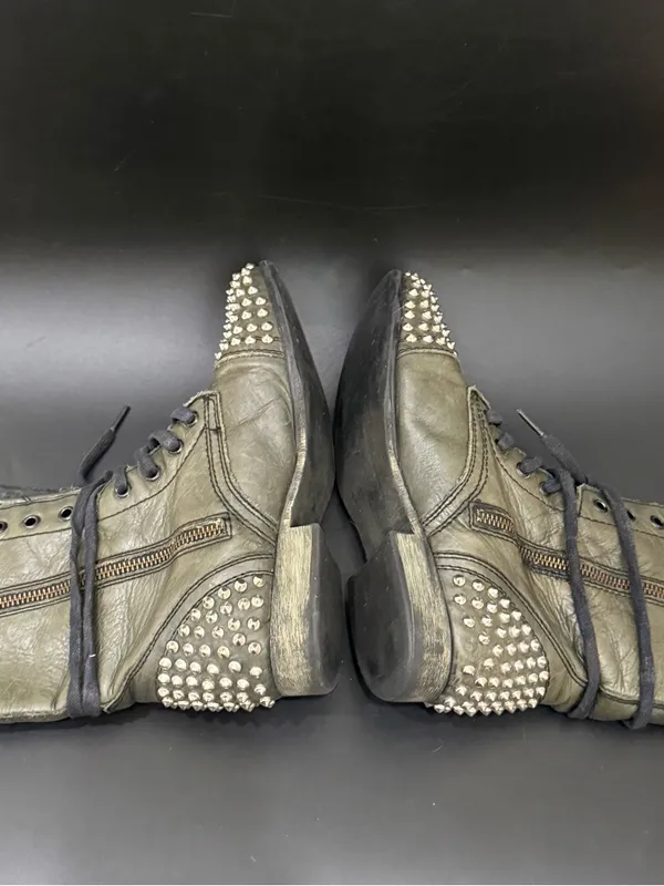 STEVE MADDEN “Tarnney” Dark Olive Green Leather Studded Combat Boots Size 7.5M - Image 7