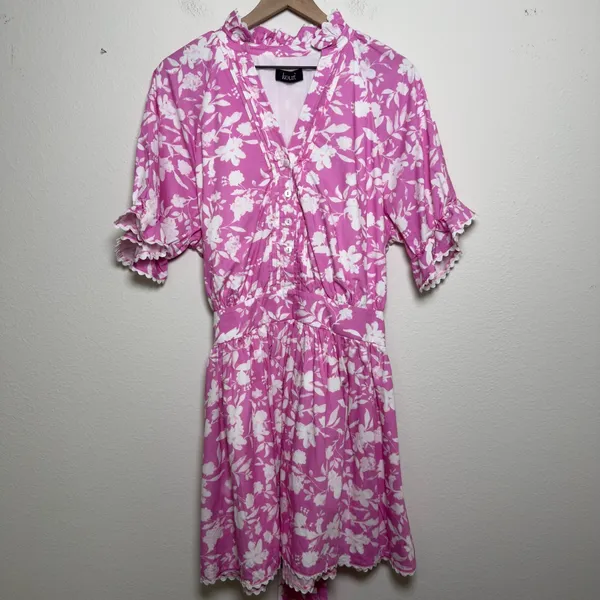 Kourt Women Preppy Mini Dress XL Pink White Floral Spring Easter‎ Lined Cotton - Image 2
