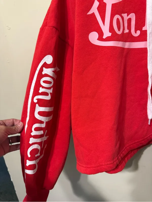 Von Dutch Red Hoodie Sweater with White Logo and Drawstrings M - Image 2