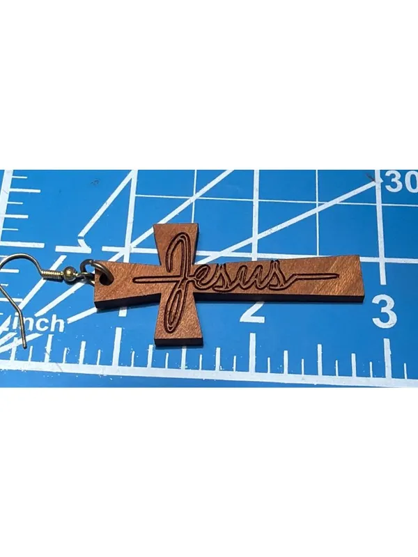 Wood Gold Tone Dangle Cross Earrings Brown Jesus Carved Hooks 2.75" Christian - Image 4