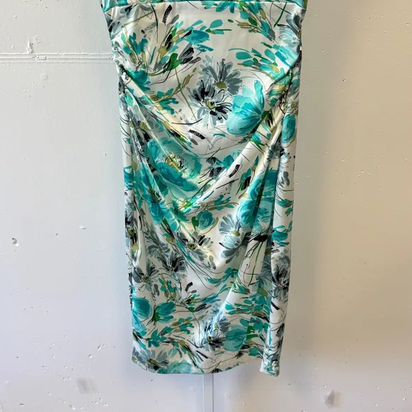 London Times Teal Green‎ Floral Ruched Sheath Satin Midi Dress Size 4 Cap Sleeve - Image 5