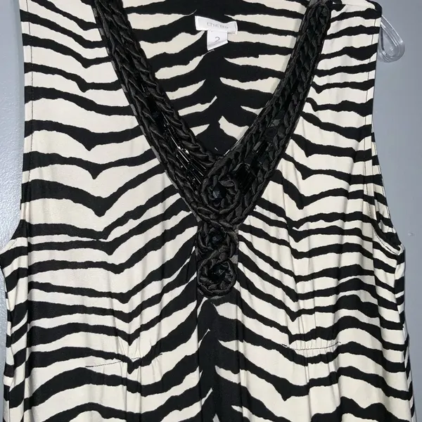 Chico’s Brown & Cream Zebra Sleeveless V Neck Bejeweled Maxi Stretchy Dress L - Image 4
