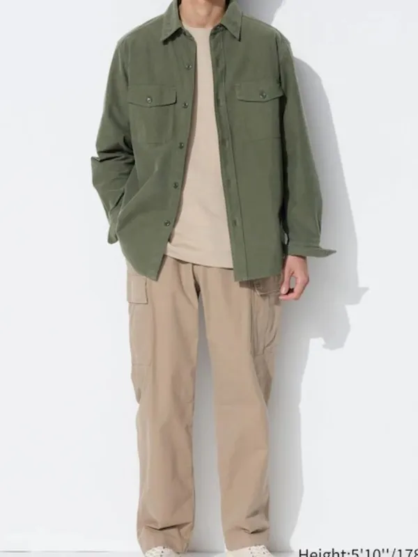 Uniqlo Unisex Jersey Oversized Shirt Jacket in Olive Green Streetwear Size M - Image 2