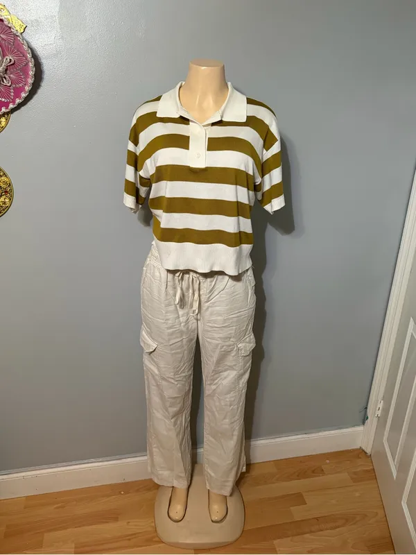 Cyrus Striped Short-Sleeve Polo Top - White & Olive - Image 5