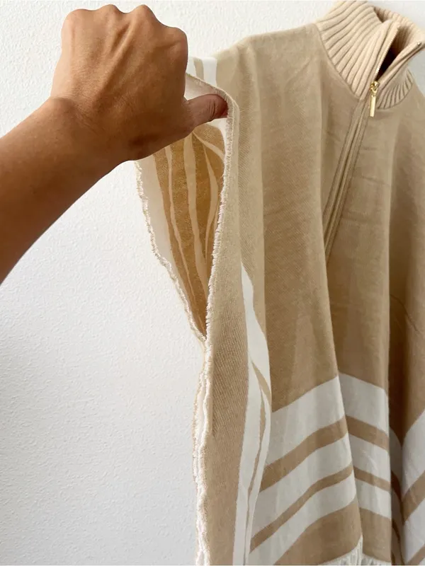 Marc New York Ivory Tan Oversized Gold Zip Up Fringe Hem Poncho - Image 6