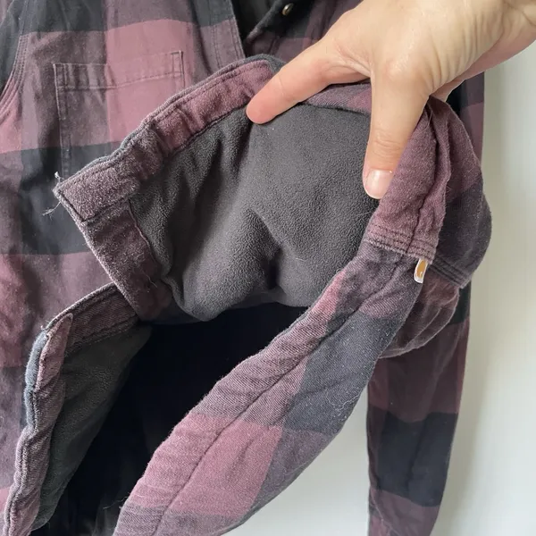 Carhartt Fleece Lined Flannel Button Up Black Maroon Long Sleeve Women's Large - Image 9
