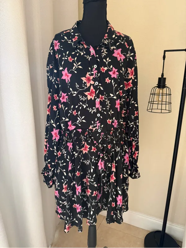 Free People Lighten Up Floral Mini Dress Boho Smocked Long Sleeve Medium - Image 2