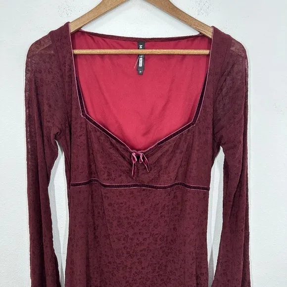 Motel Size XL Burgundy Velvet Mini‎ Dress Sweetheart Neckline Bell Sleeve - Image 4