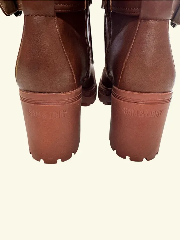 Sam and Libby Brown Double Strap Floral Buckle Chunky Block Heel Boots 9.5M - Image 10