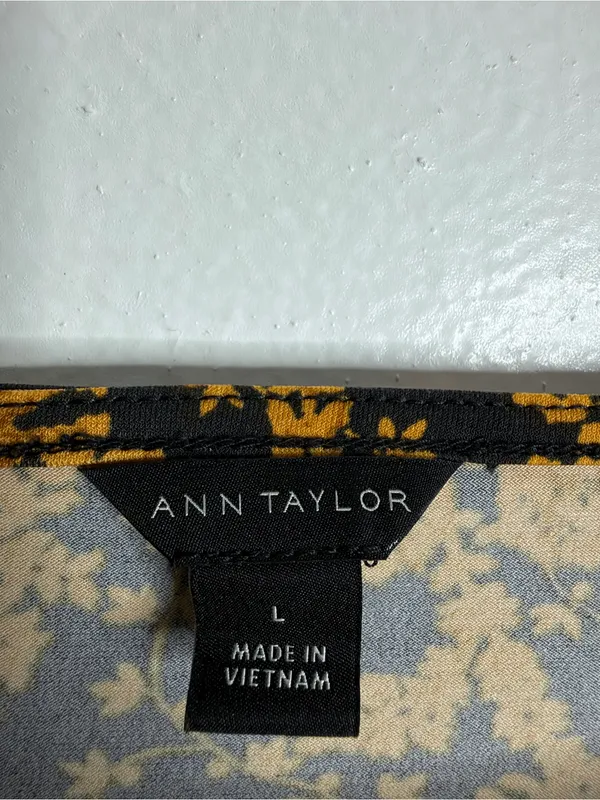 Ann Taylor Black Mustard Floral Puff Sleeve Blouse Large Workwear Office Career - Image 4