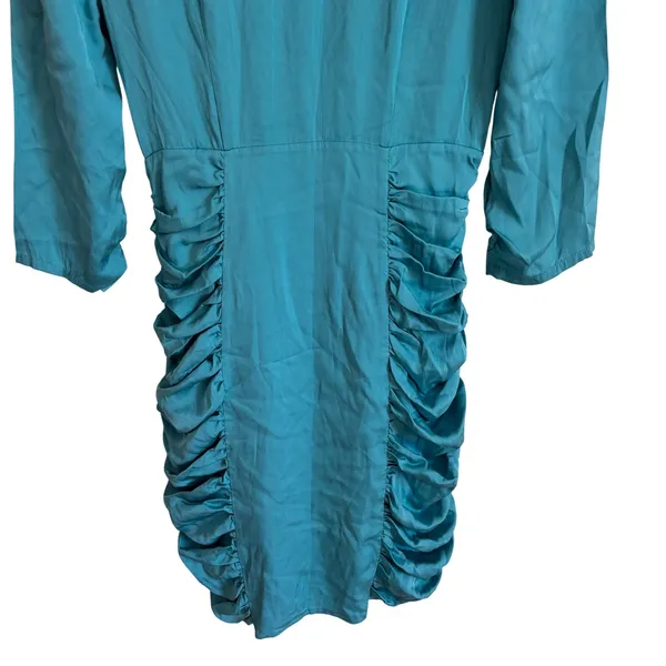 Catherine Malandrino Turquoise Silk Ruched V-Neck Mini Dress Size 8 Teal 3/4 Slv - Image 4