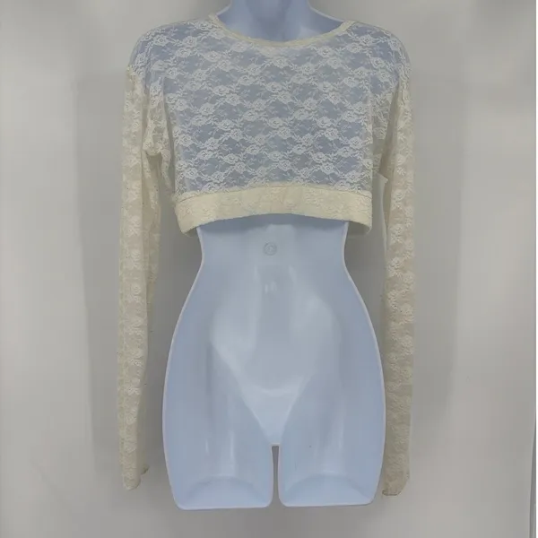 Y2K Sheer Lace Crop Top Sz XL Cream Festival Coquette Long Sleeve Fairy Grunge - Image 5