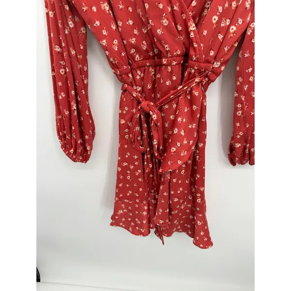 Lauren Conrad Dress Women XXL Red Microfloral Faux Wrap Knee Length‎ Satin Fall - Image 3