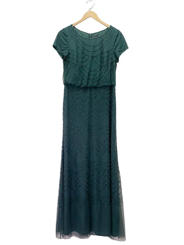 Adrianna Papell Sz 10 Dusty Emerald Green Beaded Blouson Evening Gown Maxi Dress - Image 2