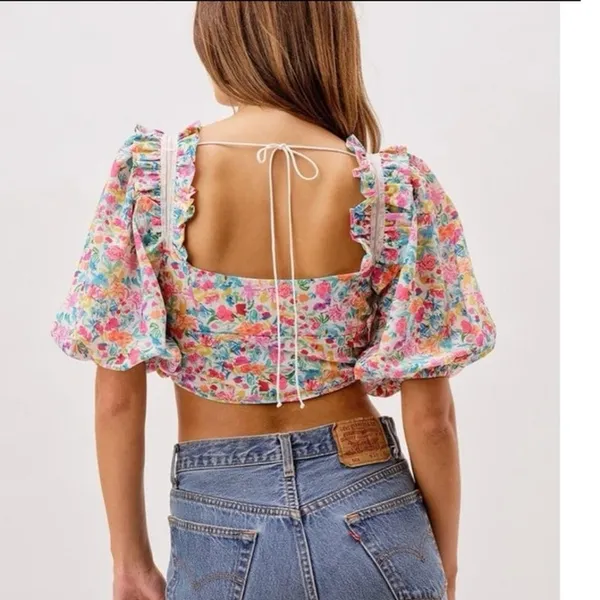 For Love & Lemons Multi Color Floral Claude Puff Sleeve Crop Top Size XS - Image 2