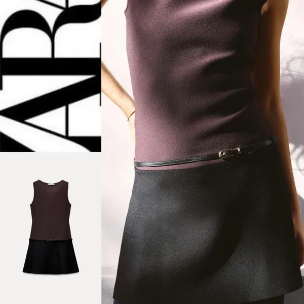 Zara NWT 2025 collection BLACK/BROWN sleeveless BELTED KNIT MINI DRESS S - Image 4