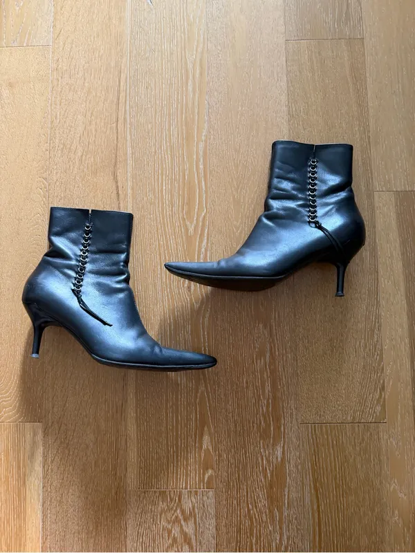 Casadei Black Pointed Toe Stiletto Ankle Boot with Grommet Lace Detail used - Image 3