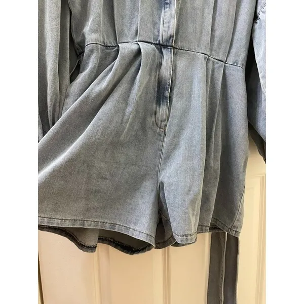 NWT Mable Denim Balloon Sleeve Rompe Sz L Tie Waist Shorts Cotton Boho Western - Image 9