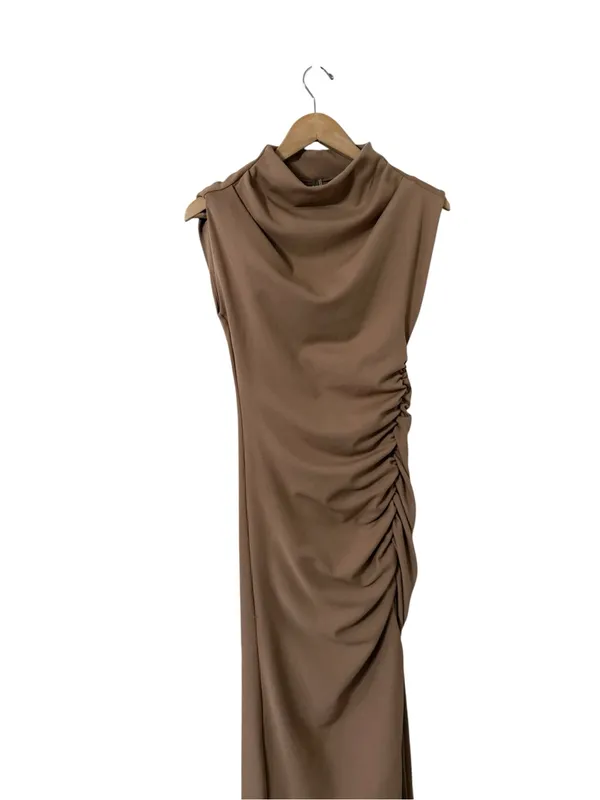 ANTHROPOLOGIE Maya Ruched Cowl Tan Sleeveless Slit Midi Dress - Image 9
