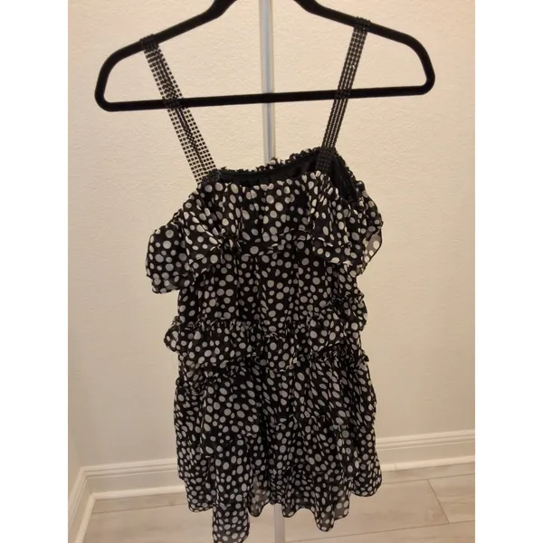 2B Bebe Size M Black And White Polka Dot With Plastic Straps Mini Dress - Image 6