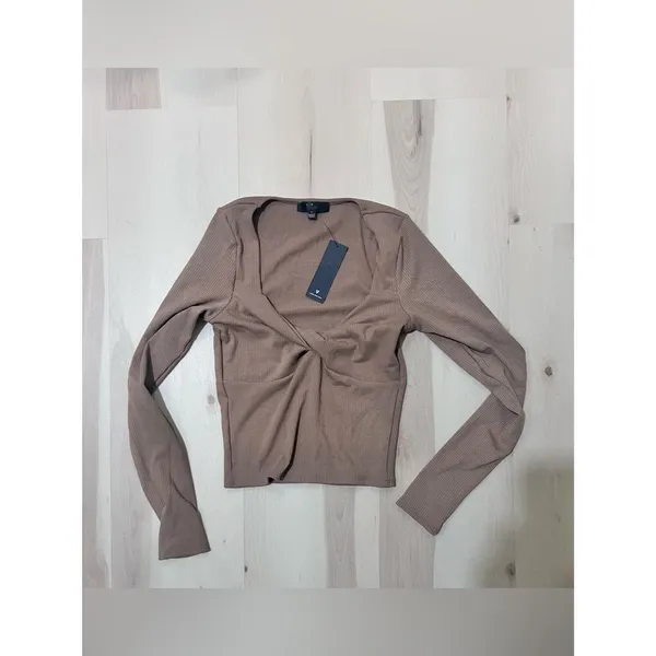 Lulus NWT Women Small Brown Ribbed Long Sleeve Twist-Front Top Fall Minimalist - Image 3