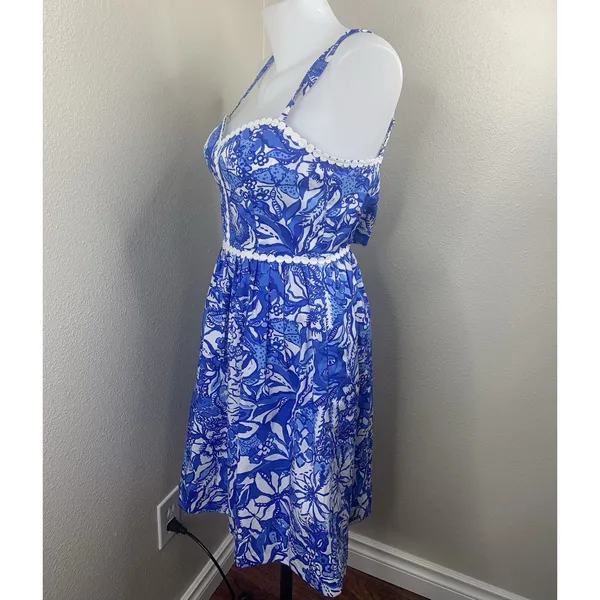 Lilly Pulitzer Haylan Cotton Dress Blue Tang Flocking Fabulous Fit Flare Sz 0 - Image 4