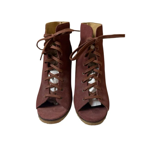 Ugg Elyse Lace Up Wedge Ankle Booties Size 10 Red Suede Peep Toe Festival‎ Boho - Image 4