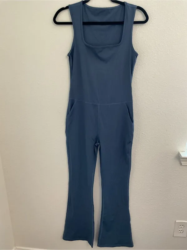 Blue Athletic Flare Jumpsuit Nylon Spandex Pockets Size M Size M - Image 2