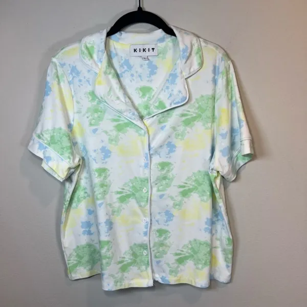 KIKIT 2-Piece Short Lounge Set Pastel Tie Dye Short Sleeve Button Up Shirt Large - Image 2