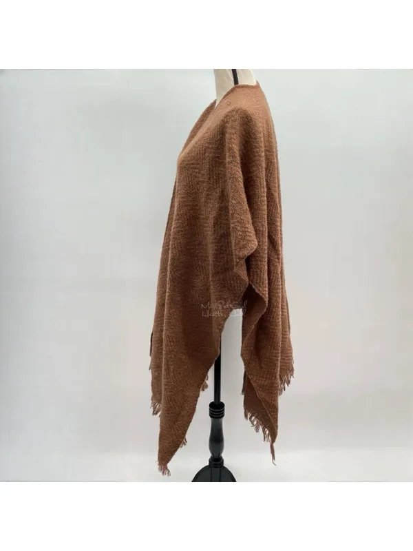 Vintage Cadaz Brown Acrylic Fringed Open Poncho Wrap Shawl Made In Japan - Image 2