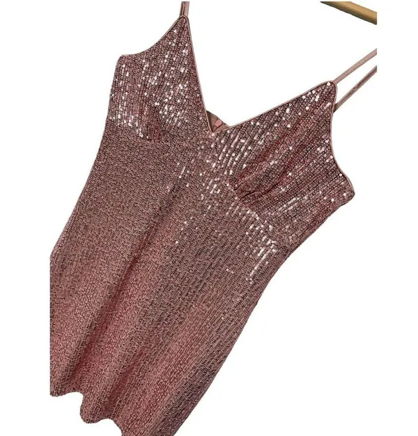 Lulus Party in Style Sequin Sleeveless Mini Lined V Neck Dress Light Pink XL - Image 3