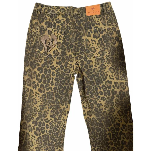 AELFRIC EDEN Jeans Denim Leopard Print Brown‎ Camo Baggy Wide Leg Unisex Size 34 - Image 4