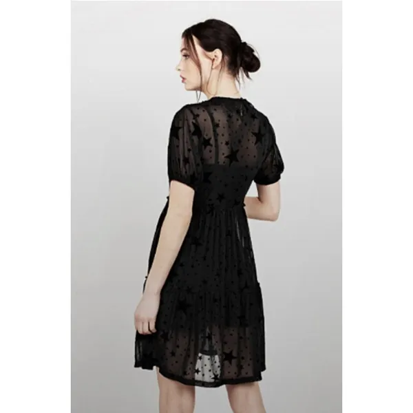 Disturbia Orion Black Mesh Star Print Overlay Dress Lace Collar Goth Celestial - Image 2