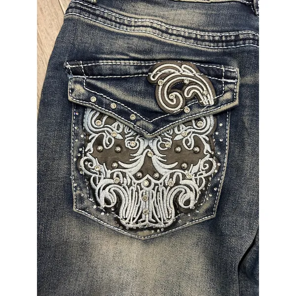 Telepatia Y2K Low Rise Wide Leg Jeans Rhinestone Embroidered McBling Sz 11 Diva - Image 6