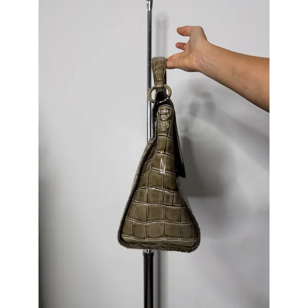 Brahmin Crocodile Embossed Leather Satchel Taupe Olive Top Handle Crossbody Bag - Image 5