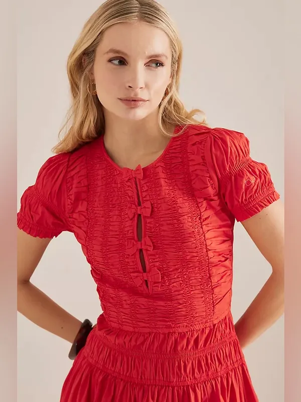Damson Madder Smocked Drop Waist Stretch Organic Cotton Midi Dress 10 - Image 4