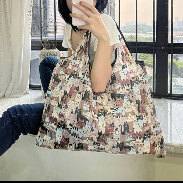 Cat Pattern Portable Reusable Shopping / Grocery Bag Brown - Image 4