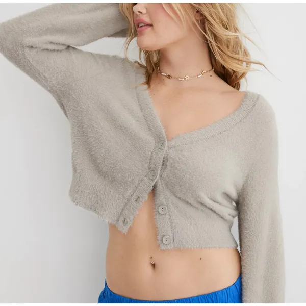 Aerie Fuzzy‎ Cropped Cardigan Stone Deep V-Neck Button Front Small Soft #2926 - Image 2