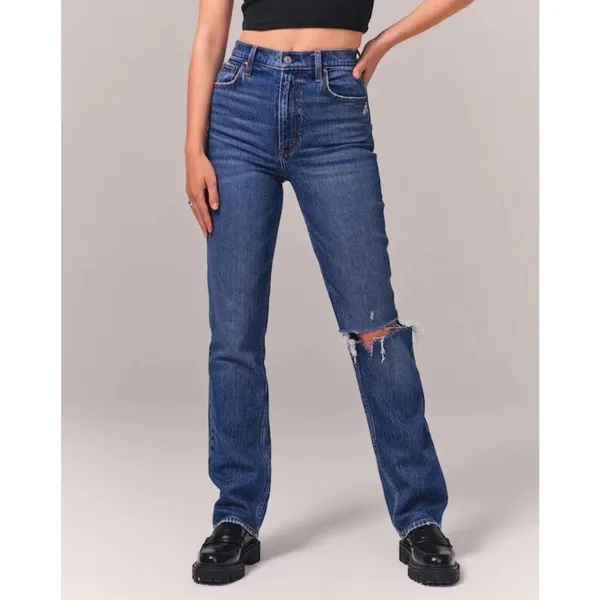 Abercrombie & Fitch The 90's Straight Ultra High Rise Jeans Ripped Knee Size 29 - Image 2