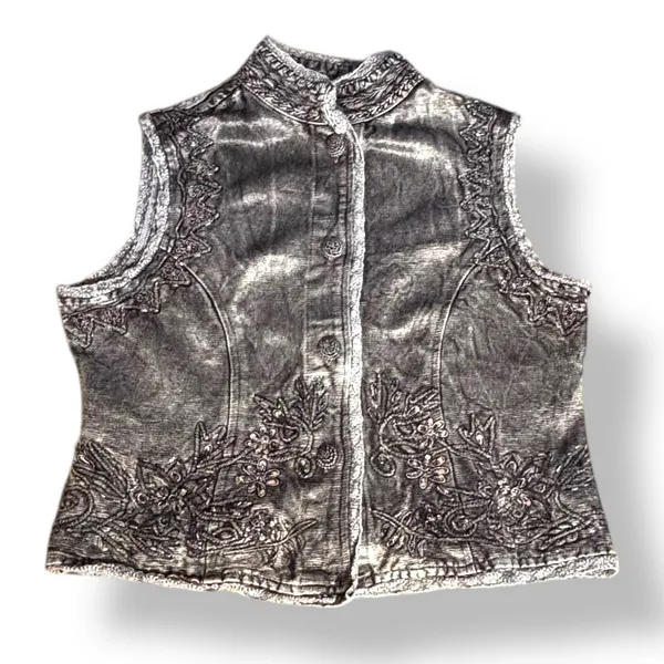 Vintage Gray Embroidered‎ Beaded Mandarin Collar Boho Vest Artisan Western Layer - Image 14