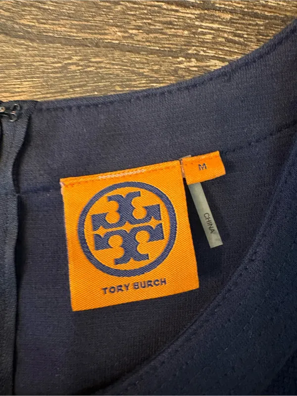Tory Burch Addis Normandy Dress Womens Medium Navy Blue A-Line Pleated - Image 6