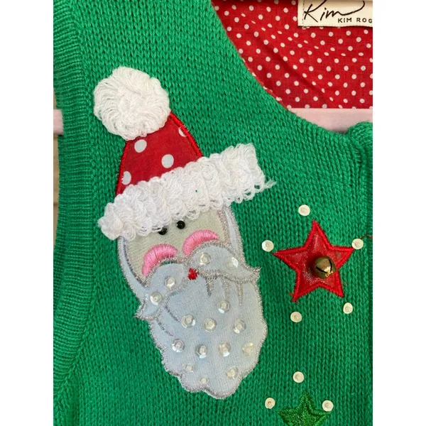 Kim Rogers Santa‎ Christmas Vest Knit Holiday Festive Green Embellished Parisian - Image 5
